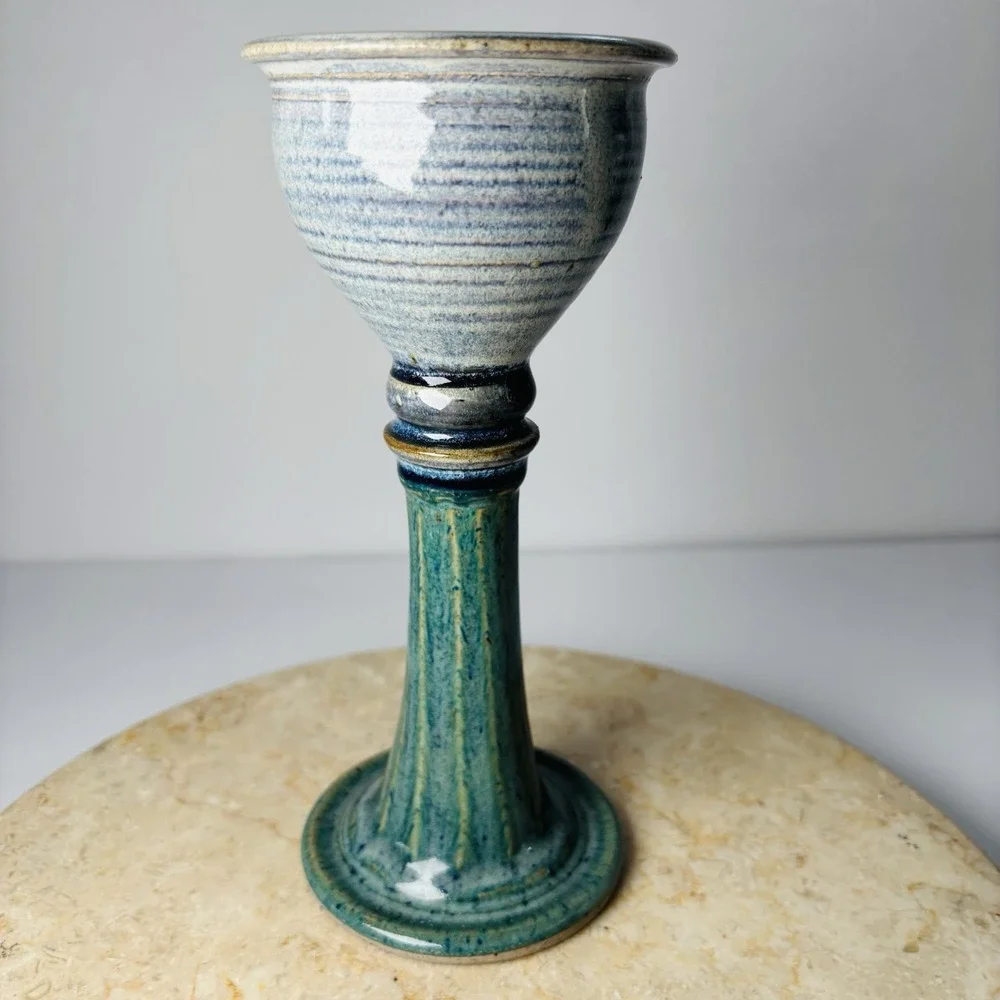 Handmade Pottery Candlestick Holder Blue Green Pillar Candles Goblet Style Cup